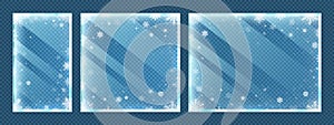 Frozen glass frames with snowflakes. Winter window border set with snow frost and ice effect isolated on transparent photo