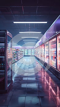 Frozen goods area in a supermarket, long refrigerated display cases with goods in the store
