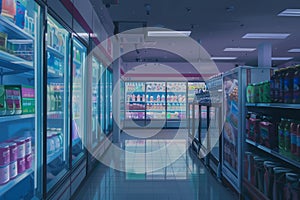 Frozen goods area in a supermarket, long refrigerated display cases with goods in the store