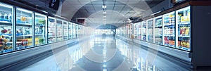 Frozen goods area in a supermarket, long refrigerated display cases with goods in the store, banner