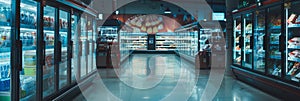 Frozen goods area in a supermarket, long refrigerated display cases with goods in the store, banner