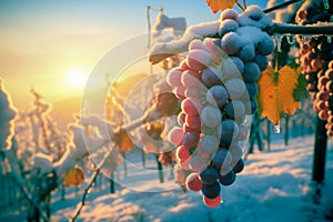 Frozen grapes on a vineyard