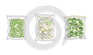 Frozen Green Pea and Broccoli Prepackaged and Ready to Culinary Use Vector Set