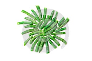 Frozen green string beans lying in a circle isolated on a white background