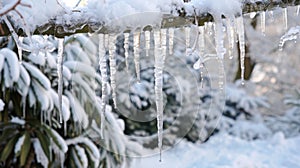 The frozen ground below is covered in layers of thick white snow as icicles dangle menacingly from every surface. The photo