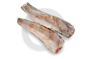 Frozen hake fish isolated on white background. Top view