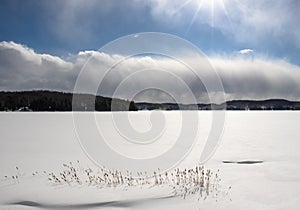 Frozen Haliburton Lake on a bright sunny day