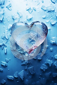 Frozen heart melting on blue background. Valentines Day