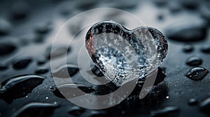 Frozen Heart Rests On Dark Wet Surface