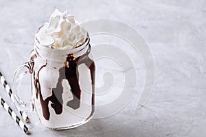 Frozen Hot Chocolate with whipped cream in mason jar