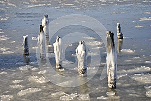 Frozen hudson river, new york city,sunken pier