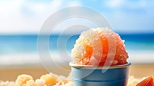 Frozen ice adorned with colorful fruits in a cup