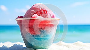 Frozen ice adorned with colorful fruits in a cup