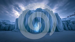 Frozen Ice Cave with Icicles Under Dramatic Sky
