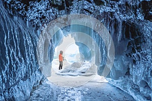 Frozen ice cave at frozen lake Baikal in Siberia, Russia