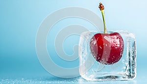 Frozen ice cube with fresh cherry on frozen blue background photo