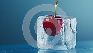 Frozen ice cube with fresh cherry on frozen blue background photo