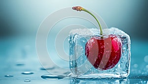 Frozen ice cube with fresh cherry on frozen blue background photo