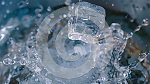 A frozen ice cube halfway through the process of being dropped into the waiting ice bucket photo