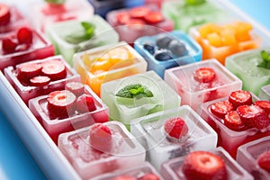 Frozen ice cubes with organic berries raspberry, strawberry, blueberry in ice cube tray