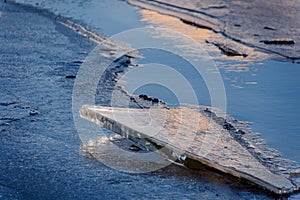 Frozen ice floe on a partially melted river