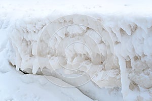 Frozen ice hummocks on the Baltic sea coast. Jurmala, Latvia.