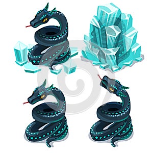 Frozen in ice and thawed snake, four vector images