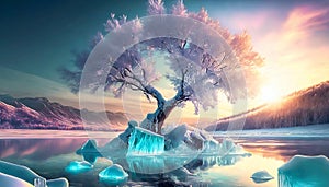 frozen ice tree with frozen water