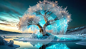 frozen ice tree with frozen water