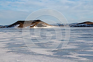 Frozen, icy Myvatn lake