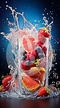 Frozen juice glass Water overflowed and splashed out around the side of the glass. Blue-gray background