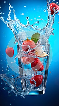 Frozen juice glass Water overflowed and splashed out around the side of the glass. Blue-gray background