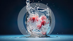 Frozen juice glass Water overflowed and splashed out around the side of the glass. Blue-gray background