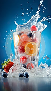 Frozen juice glass Water overflowed and splashed out around the side of the glass. Blue-gray background