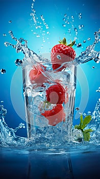 Frozen juice glass Water overflowed and splashed out around the side of the glass. Blue-gray background