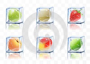 Frozen juicy fruits in ice cubes, apple, melon, lime, strawberry, peach, mango. Realistic 3d vector illustration. frozen berry for