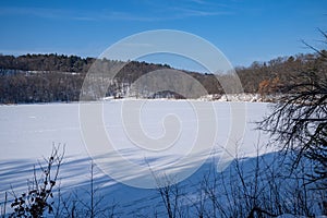 Frozen Lake Alice in winter, in William O`Brien State Park Minnesota