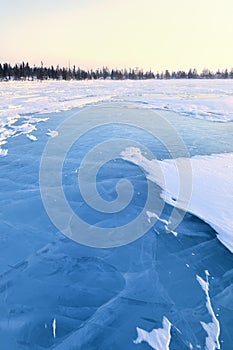 Frozen lake with boreal forest