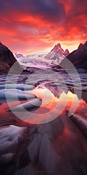 Maroon Sunrise: Fine Art Photography Of A Glacier With An Orange Sky photo