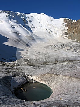 Frozen lake in glacier of Tien Shan mountains