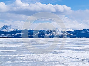 Frozen Lake Laberge winter landscape Yukon Canada