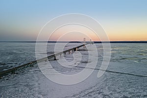 Mackinac bridge crossing in Michigan through lake Huron.