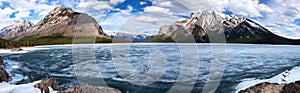 Frozen Lake Minnewanka Panoramic Landscape Banff National Park Springtime Alberta Foothills Canadian Rocky Mountains