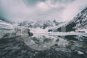 Frozen lake Morskie Oko and stunning mountains in Tatra national park, Poland. Scenic winter landscape, travel background