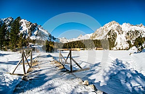 Frozen lake Popradske pleso in High Tatras, Slovakia