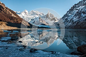 Frozen lake reflection at the Cerro Torre, Fitz Roy, Argentina