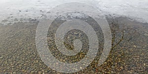 Frozen lake shore water, ice and stones beautiful texture background, march time