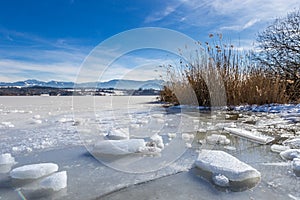 Frozen Lake Simssee and Reeds in front of Snowy Mountains in Bavaria, Germany