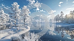 A frozen lake with snow and army war-covered trees and a clear b