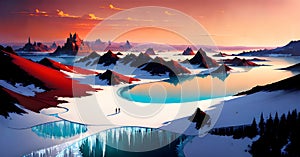 Frozen lake and snow capped mountains Glacier lake scenery Ice Melting Generative ai